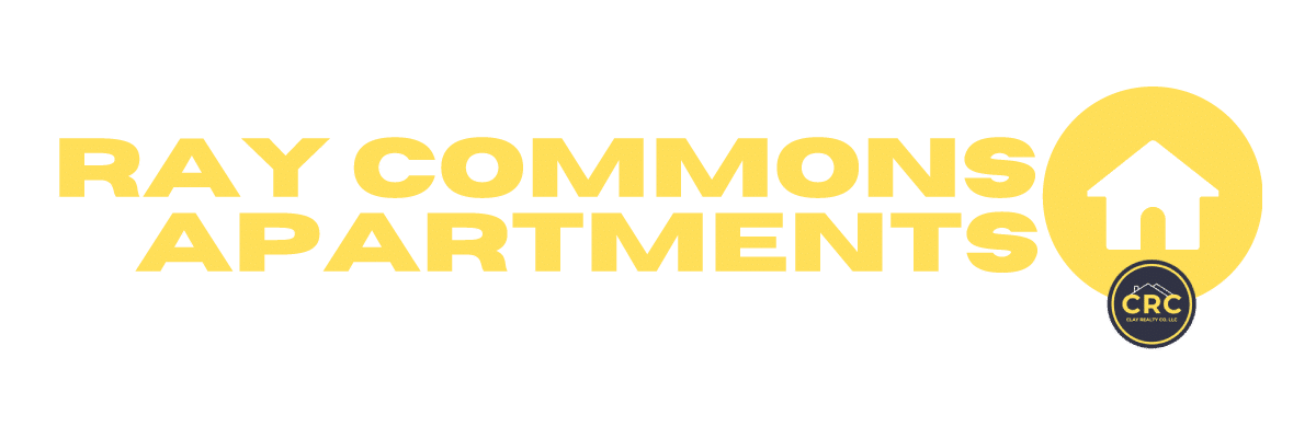 Text reads "Ray Commons Apartments" in yellow with a yellow house icon and a dark circle displaying "CRC" underneath.